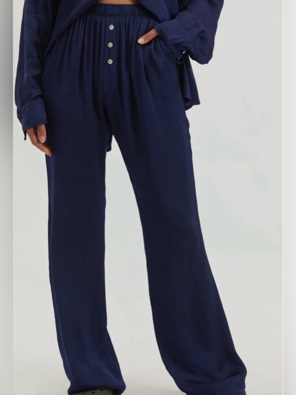 DONNI. NWT Silky Simple Satin Pants Navy Blue Size XS Straight Leg Lounge
